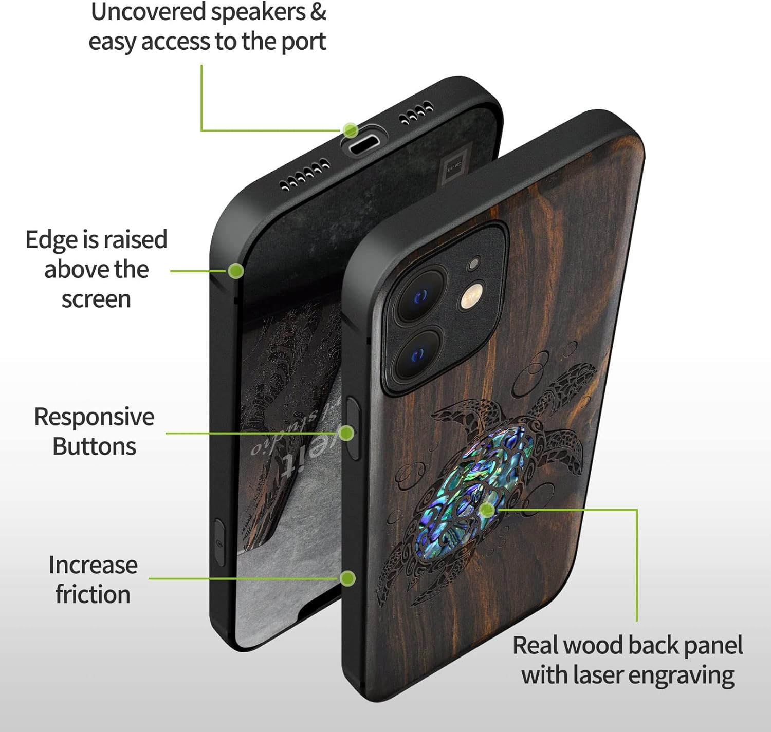 Carveit Designer Wooden Protective Case for iPhone 12 Magnetic Cover [Wood Engraving & Shell Inlay] Wood Phone Case Compatible with iPhone 12 MagSafe 6.1 Inch (Sea Turtle-Blackwood)