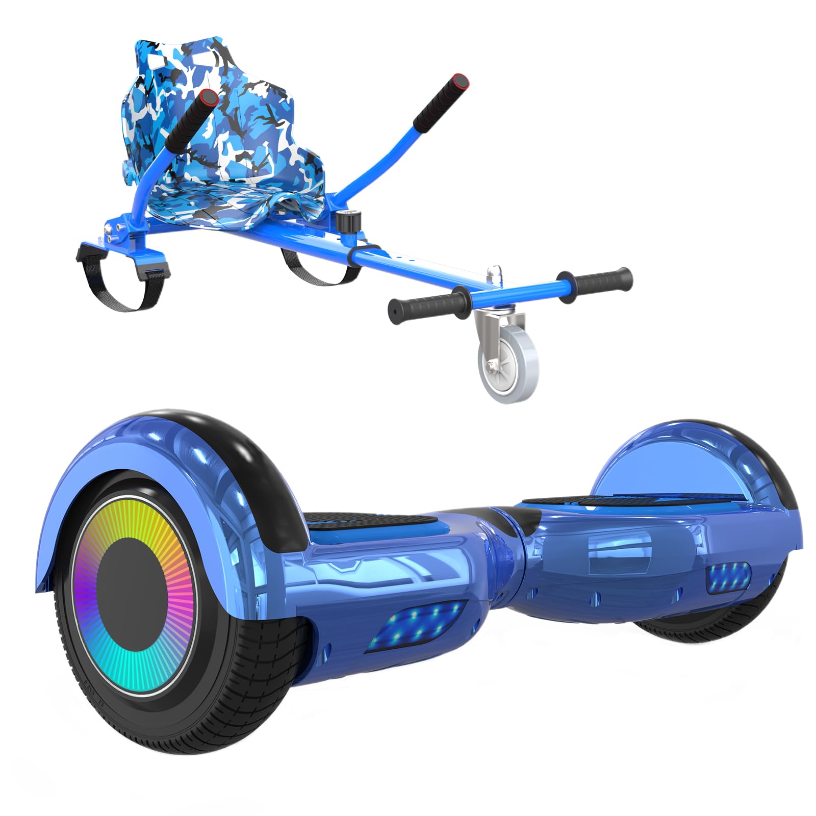 ELEKGO Hoverboards for Children, 6.5 Inch Self-Balancing Hoverboard with Go-kart and LED Lights, Bluetooth Speaker for Teenagers (Blue+blue KT)