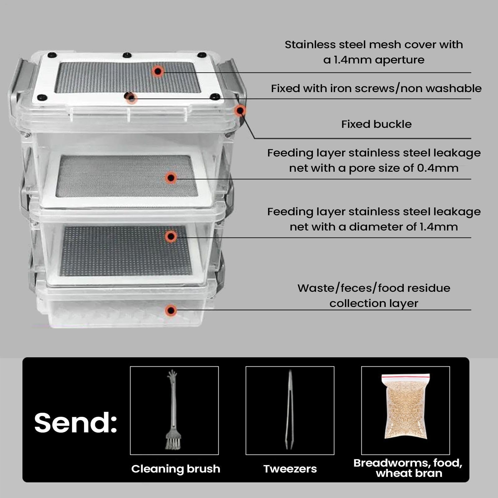 Mealworm Breeding Kit, Rearing System, 3 Layer Ventilated Bin with Stackable Trays, Easy Clean Corn Worm Habitat Box for Reptile Feeders Farming Education, Space Saving Setup for Pet Feeding — view 5