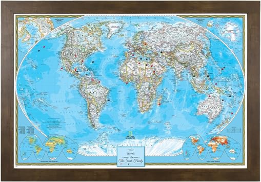 Canvas Classic World Map Pin Board Framed Travel Map with Pins for Wall Personalized Push Pin World Map for Tracking Journeys 27.5" x 39.5" Rustic Brown Frame