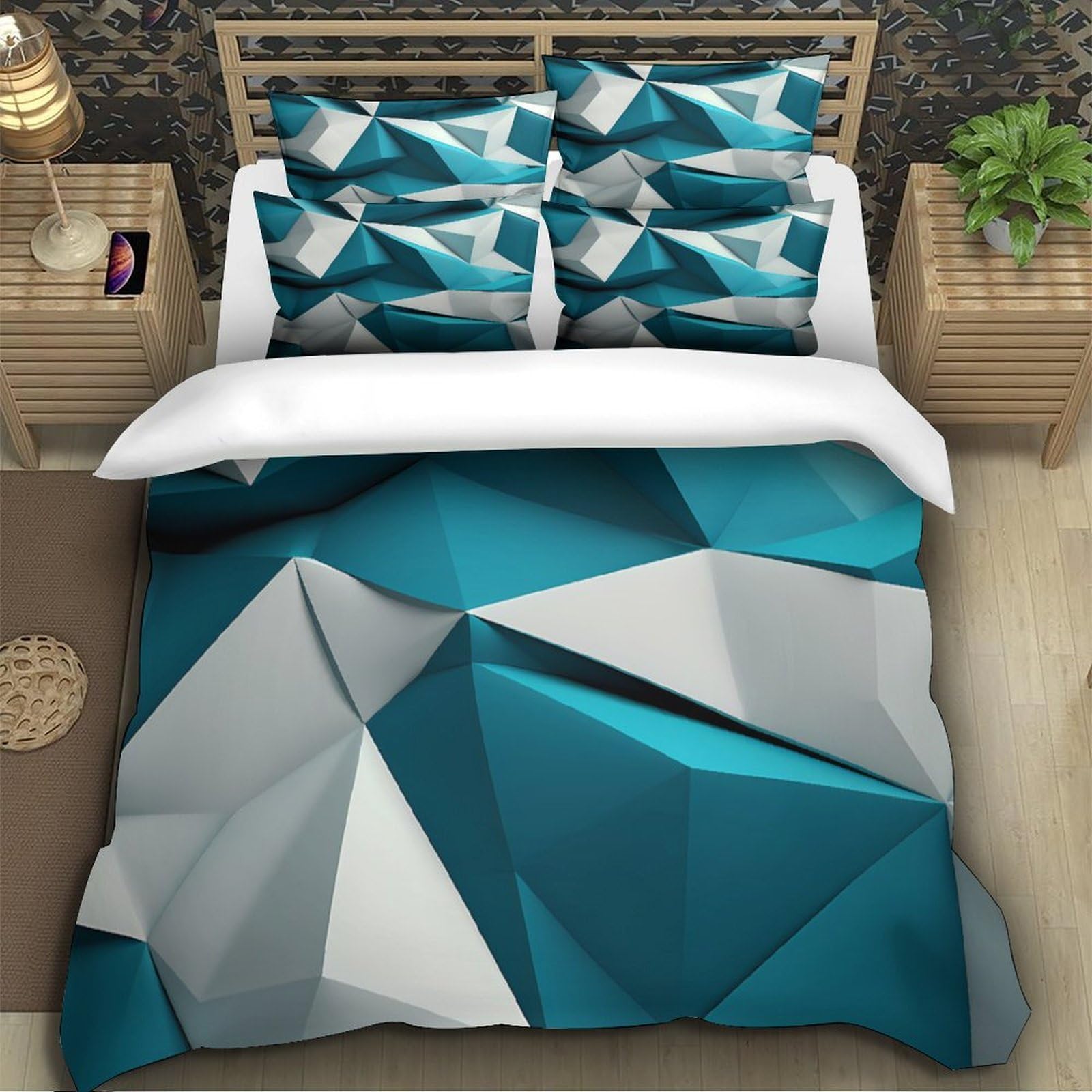 Geométrico Abstracto 3D Impresión Funda de edredón 3pz Microfibra Transpirable Diseño Moderno Azul y Blanco Edredón Funda 2 Fundas Cremallera Niños Adolescentes King（220x240cm）