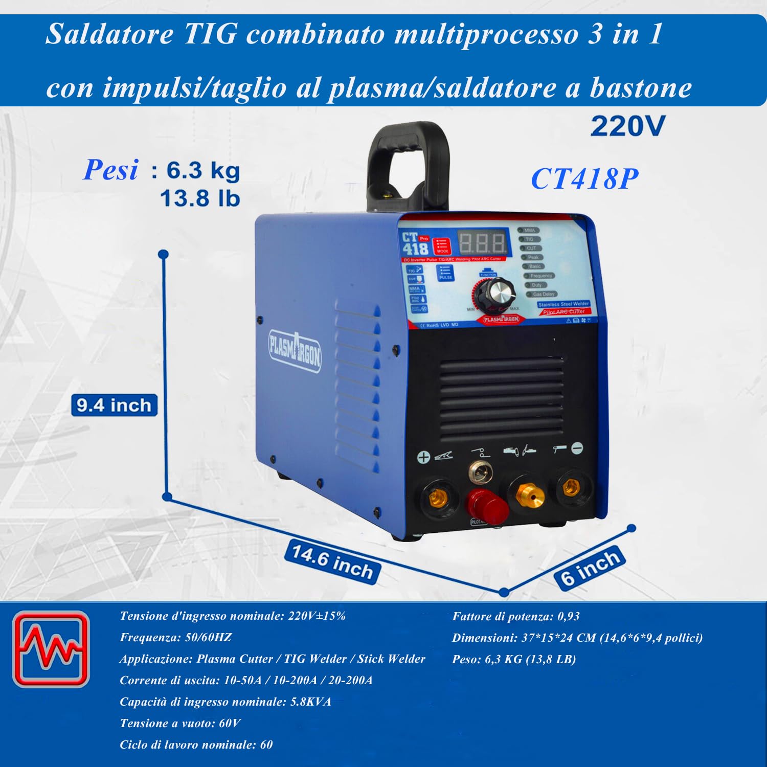 Saldatrice combinata 3 in 1 TAGLIO/TIG/MMA per taglierina al Plasma CT418P, taglierina al Plasma ad Aria da 50Amp, saldatrice 200A / saldatrice a Bastoncino