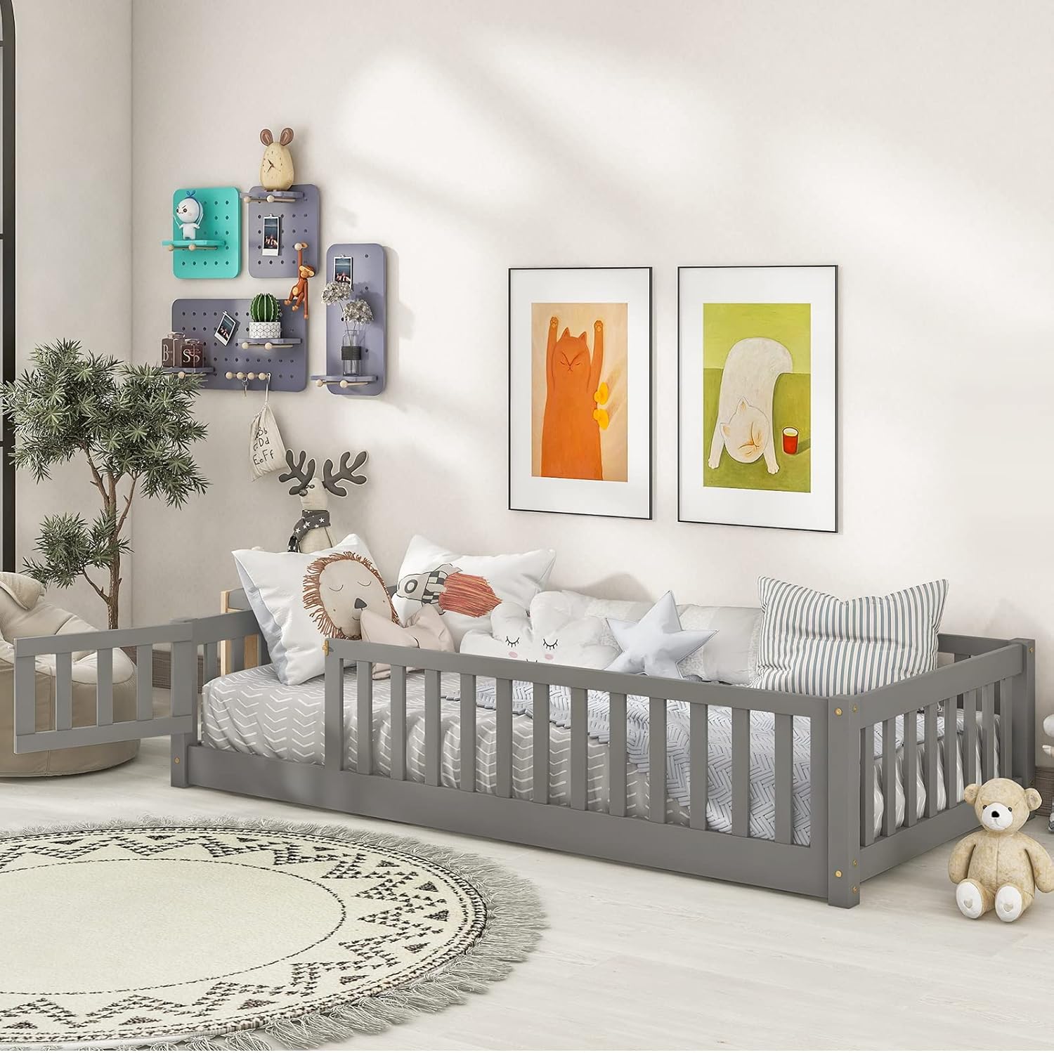 Tatub Twin Size Floor Bed with Safety Guardrails and Door