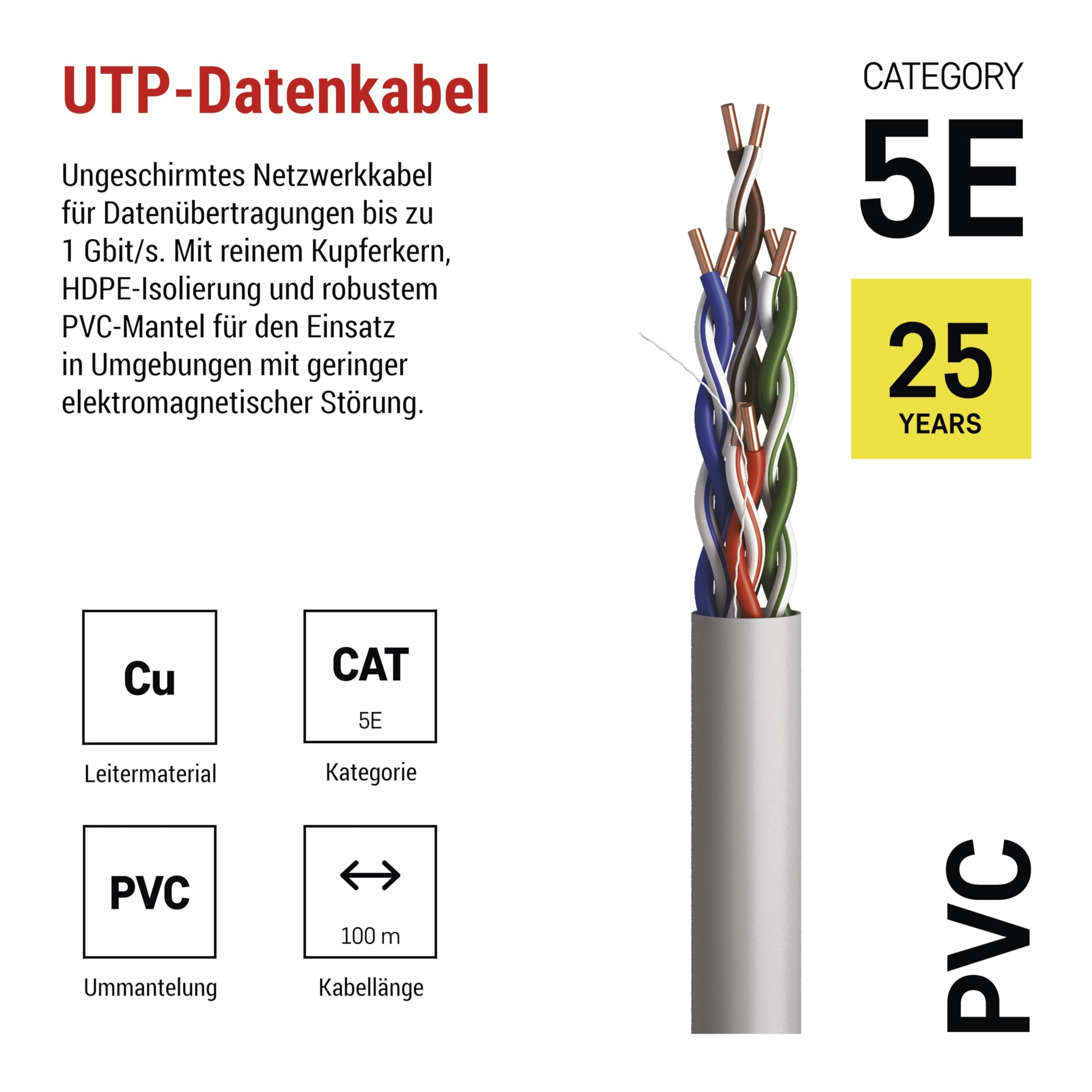 EMOS - Câble réseau UTP CAT 5e, 100 m, PVC - Câble patch CAT5e UTP - Fil en cuivre - Câble Gigabit LAN - Câble Ethernet non blindé - Pour l'intérieur