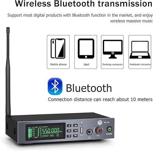 Miniatura 3 de EM100 UHF Wireless in Ear Monitor System 1 Channel 1 Bodypacks Mono IEM System para músicos, utilizado para escenario, banda, estudio de grabación y