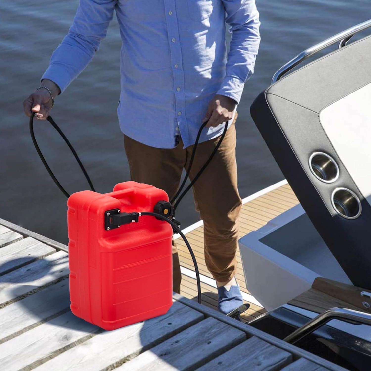 6 Gallon Tank Marine Fuel with Line & Pump, I-Shaped Handle, Outboard Boat Gas Tank for Marine Engines, Durable & Easy to Carry