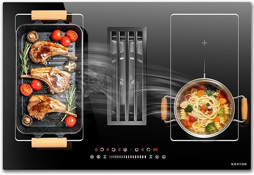 NOXTON Induction Hob 4 Burners with Extractor Hood 135 W, Built-in Induction Hob 6400 W, Induction Hob 77 cm with Flexible Zone, Booster, Timer, Break