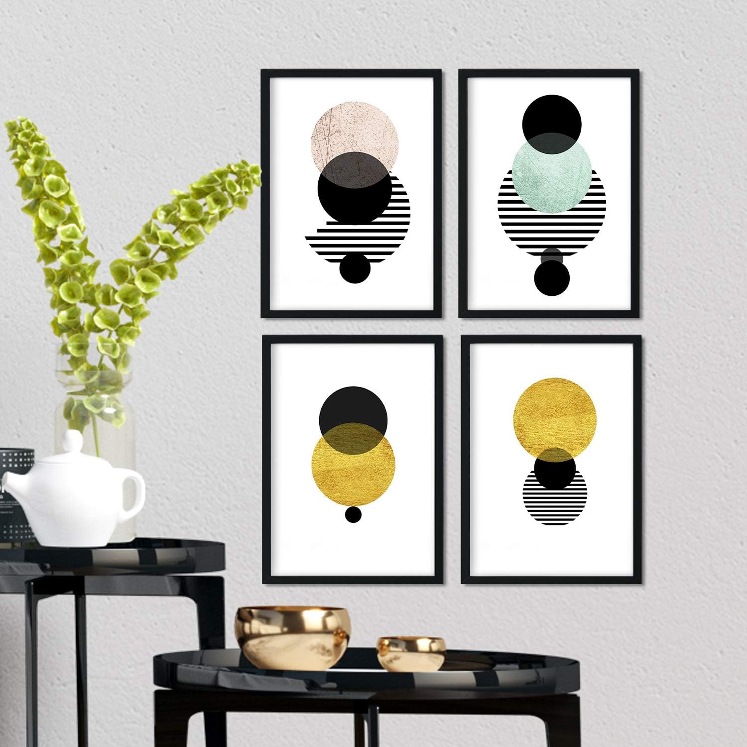 Nacnicset of 4 geometric print of elipse | nordic style wall decoration of black and golden circle shapes | scandinavian inspired pictures | size a4 | decoration for room, walls, office, business..