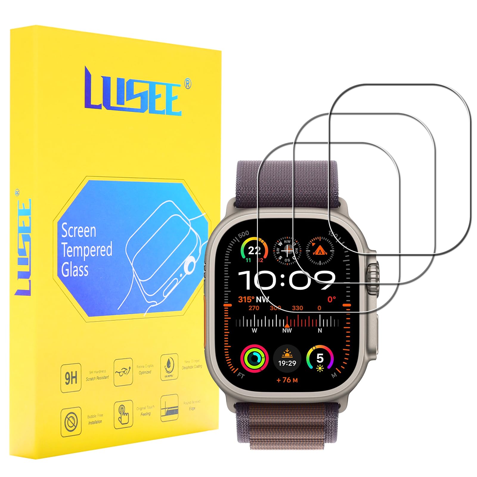 Lusee3 Pack Screen Protectors Compatible with Apple Watch Ultra 2 49MM Tempered Glass [9H Hardness] [HD Clear] [Anti Scratch] Protective Film for Display