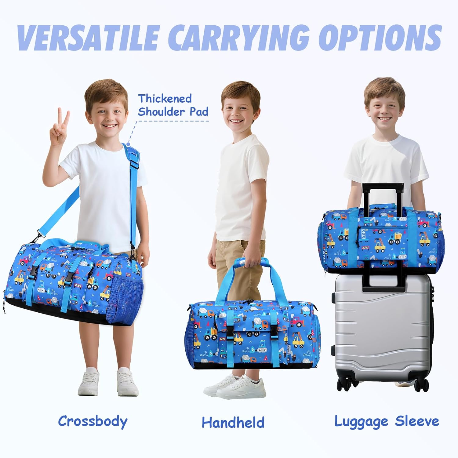 Kids Overnight Duffle Bags,Kasqo Boys Travel Bag Water Resistant Sports Gym Duffel Bag for Teens Girls Sleepover Bag Weekender Carry On Tote with Shoes Compartment Dry Wet Pocket,Blue Cars