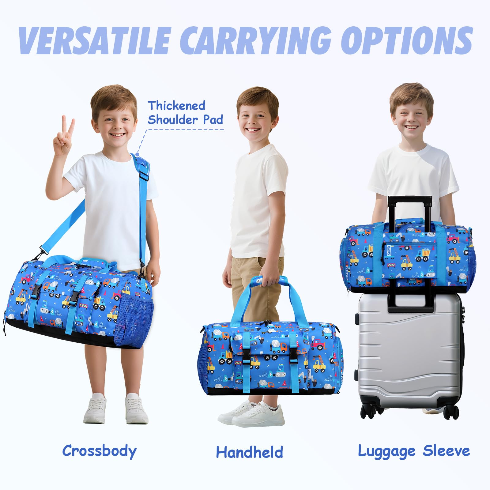 Bolsa de Viaje Infantil, Kasgo Bolsa Deporte Niño Bolsa Danza Niña Ligero Bolso de Fin de Semana con Compartimento de Calzado Impermeable Bolsas de Hombro para Gimnasio Atlético Cámping, Carro Azul