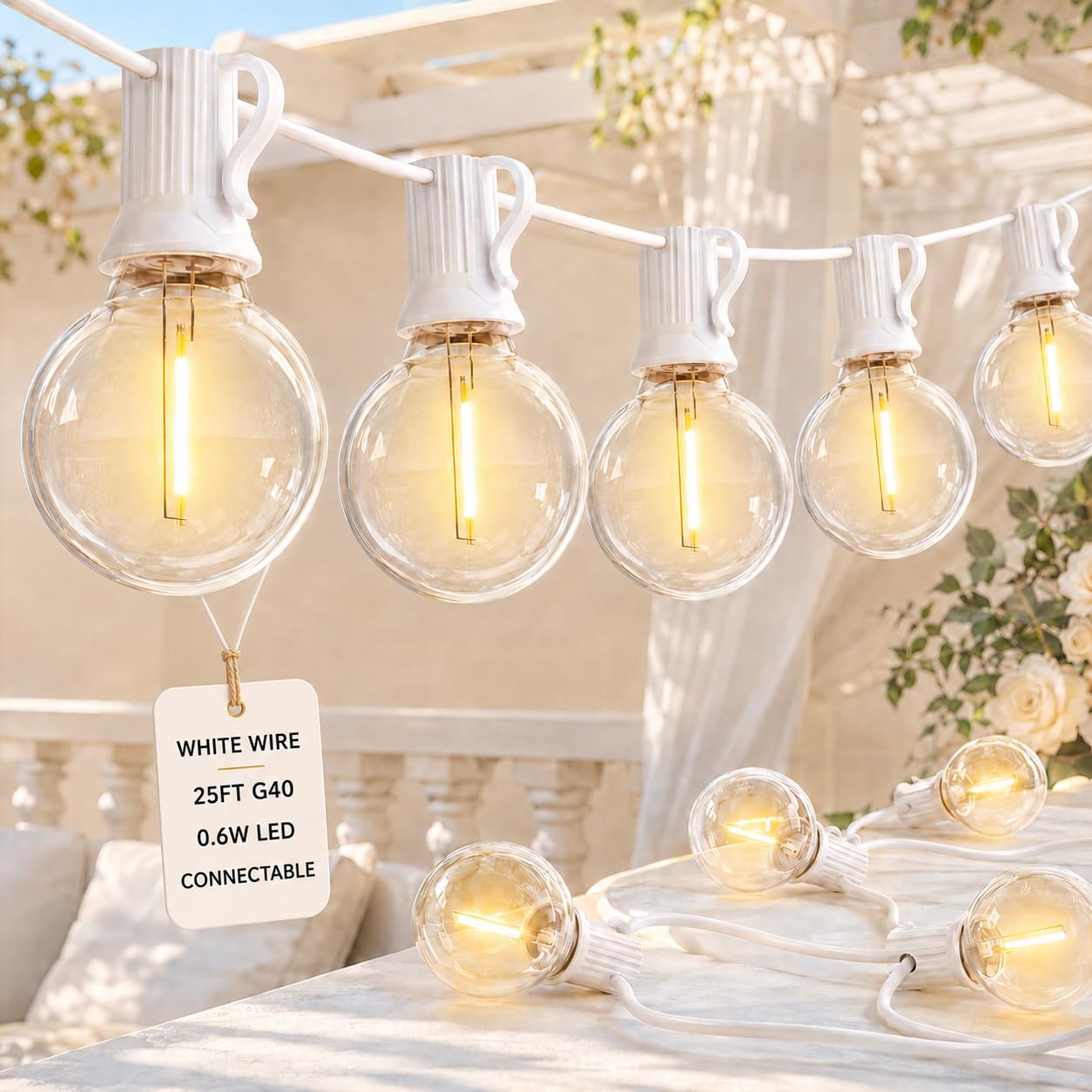 Abeja LED-Lichterkette für den Außenbereich, 7,6 m, Kugel-Lichterkette mit 27 bruchsicheren, transparenten LED-Lampen (2 Ersatz), hängende Terrassen-Lichterkette für Hinterhof, Bistro, Party, Hof