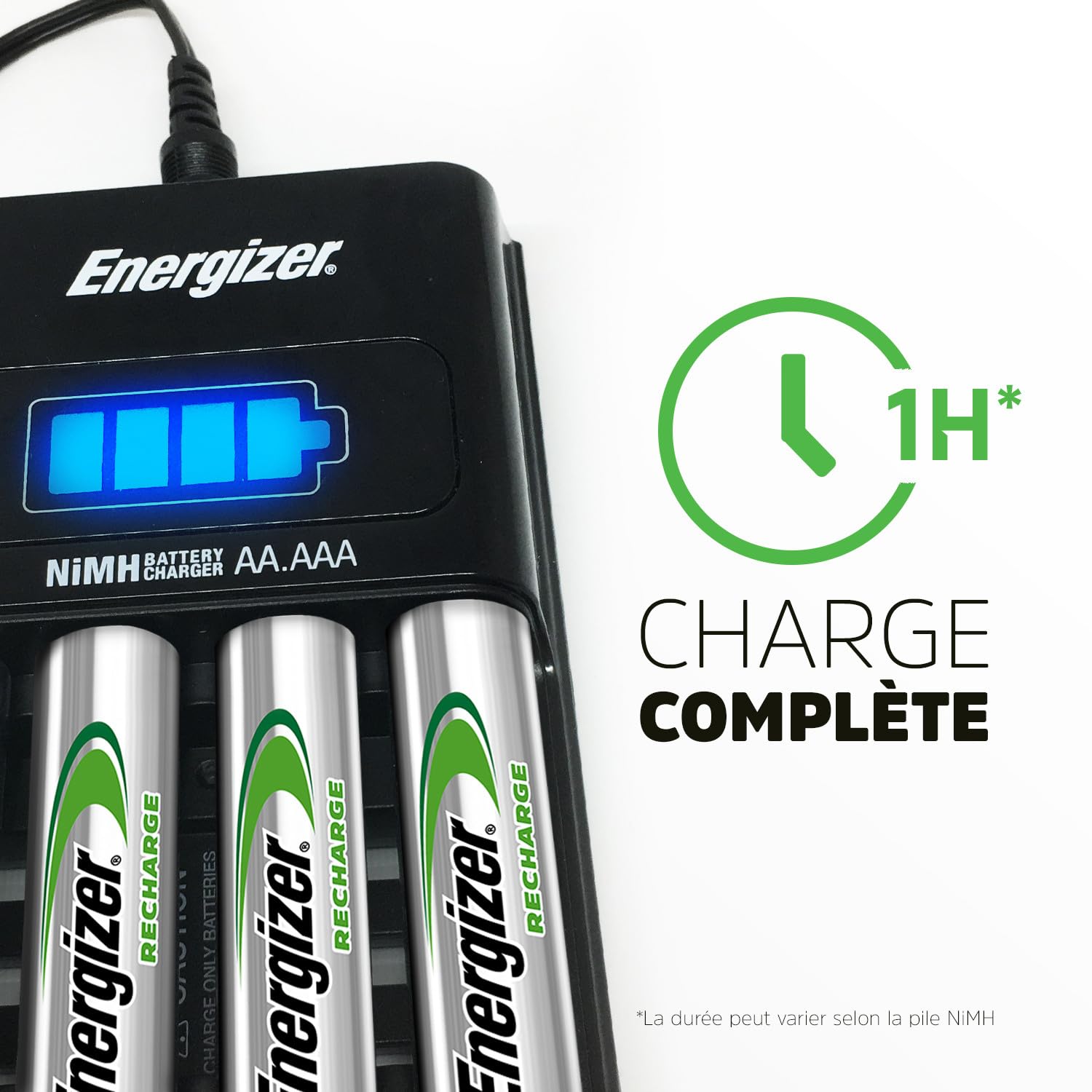 Energizer Recharge - Piles Rechargeables avec Chargeur Express - Charge complète en 1 Heure ou Moins - Compatible NiMH AA et AAA - 4 Pile AA 2300 mAh incluses
