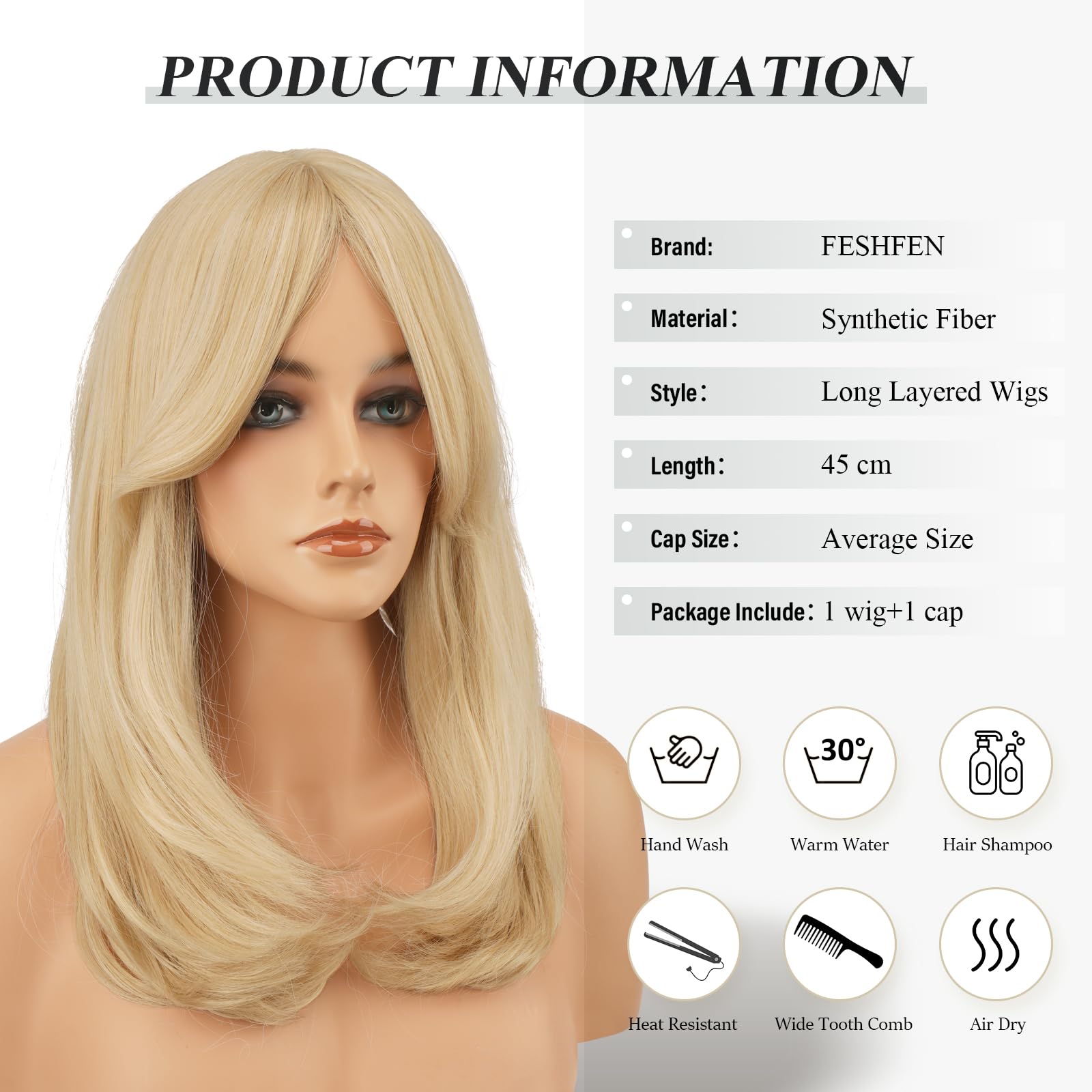 FESHFEN Perruque Longue avec Frange, Blond Clair Naturelle Synthétiques Perruque de Cheveux Perruque pour Femme 45 cm