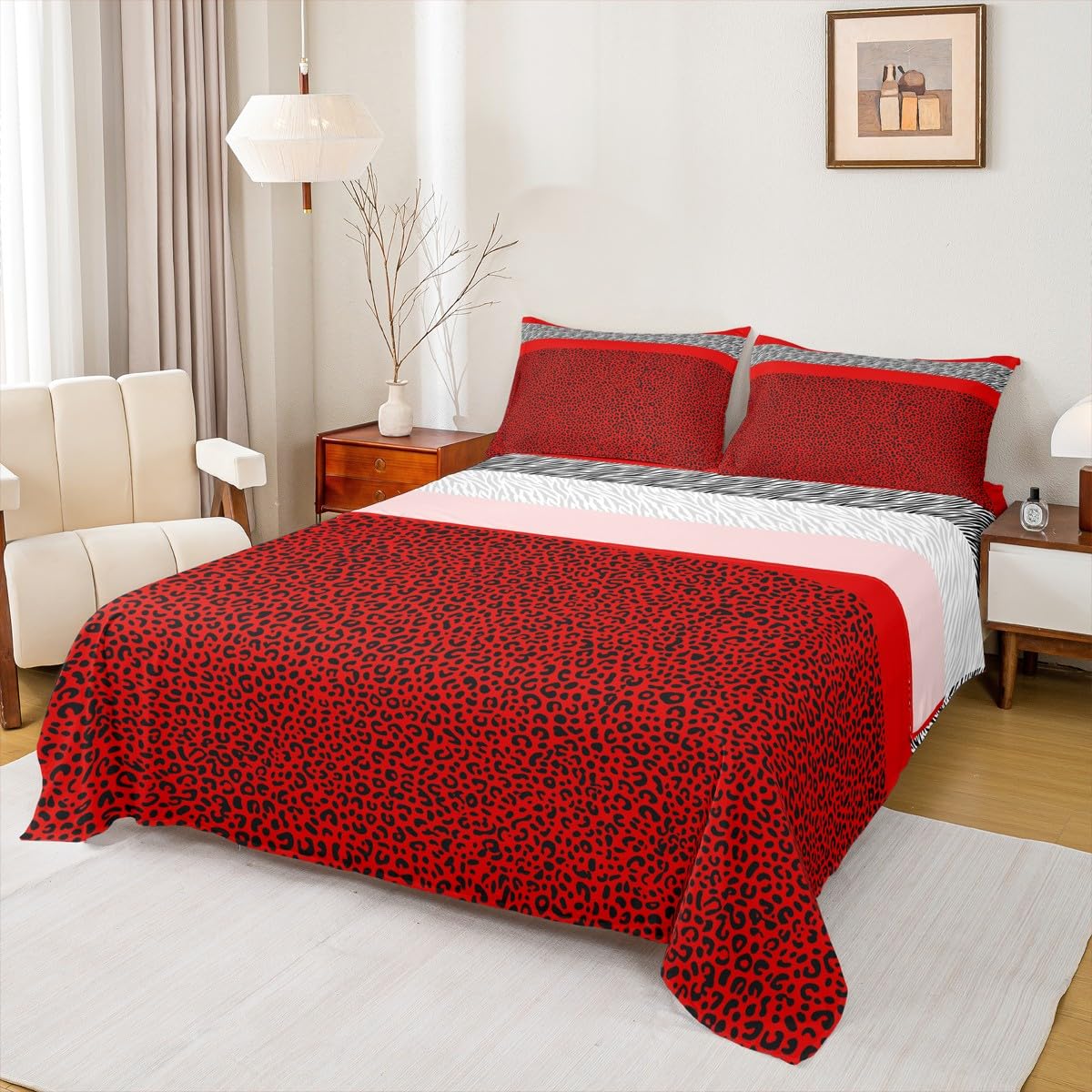 Manfei Red Leopard Kids Sheet Set Queen Size Black White Zebra Striped Bedding Set for Boys Girls Bedroom