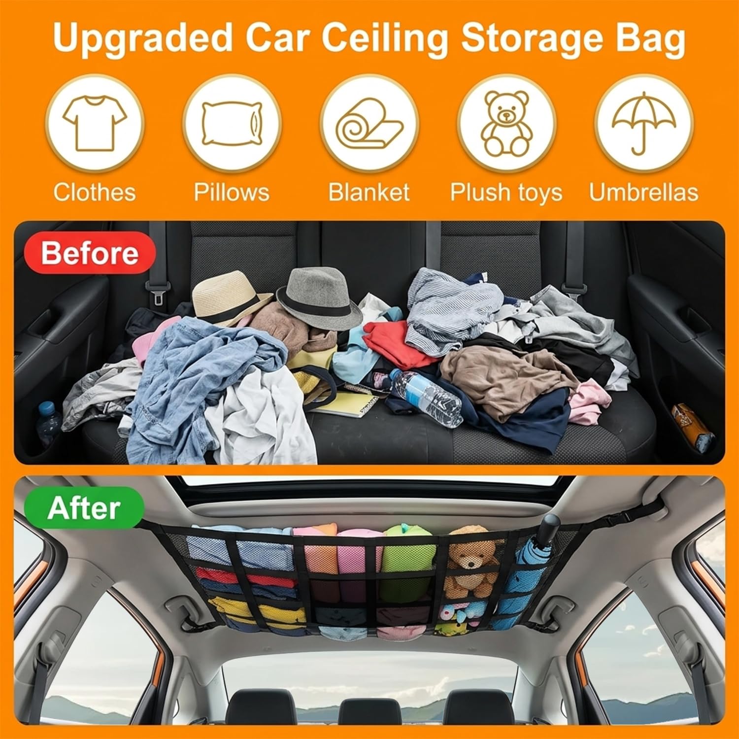 Red de equipaje de coche para almacenamiento, red universal para techo de coche, bolsa de malla con cremallera, 90 x 65 cm, para cuatro respaldos de techo, SUV, Jeeps, furgonetas y la mayoría de tipos