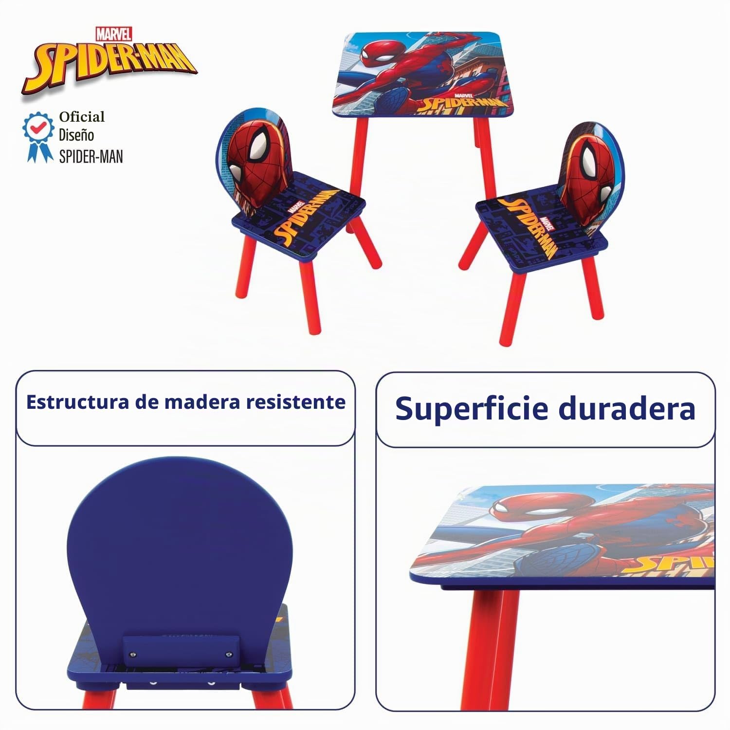 ARDITEX - Set de Mesa y 2 Sillas Infantiles de Madera - 50x50x44 cm y 26,5x26,5x50 cm - Ideal para Jugar, Pintar y Hacer Manualidades - Licencia Oficial de Marvel Spiderman