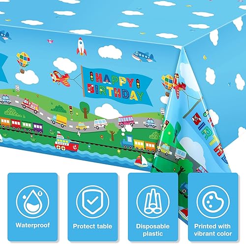 Miniatura 4 de Tegeme Paquete de 3 suministros de fiesta de cumpleaños de transporte, manteles de transporte, decoraciones de cumpleaños, fundas de mesa de