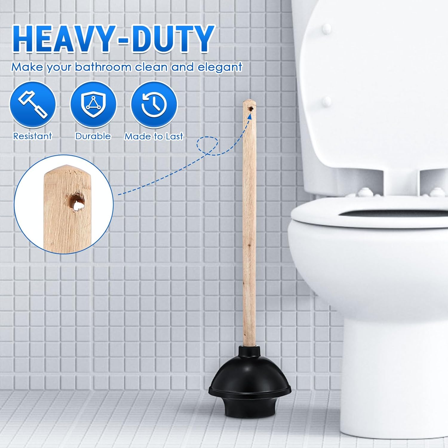 Dandat 2 Pcs Rubber Toilet Plunger with Double Thrust Force Suction Cup Long Wooden Handle Toilet Bowl Plunger Heavy Duty Pump Clogged Solution for Bathroom Stores Restaurants (Black)