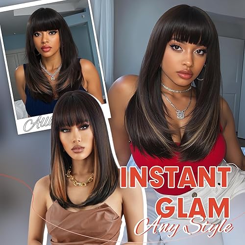 Miniatura 4 de Allbell Pelucas largas y rectas en capas marrones con flequillo de cortina, resistente al calor, pelucas sintéticas naturales para mujeres