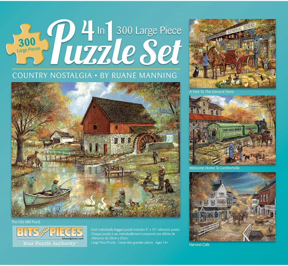 Bits and Pieces – 4-in-1 Multi-Pack 300 Piece Jigsaw Puzzles for Adults – Country Pond Harvest Café Home General Store Jigsaw Puzzles by Artist Ruane Manning, Completed Puzzle Size: 16" x 20"