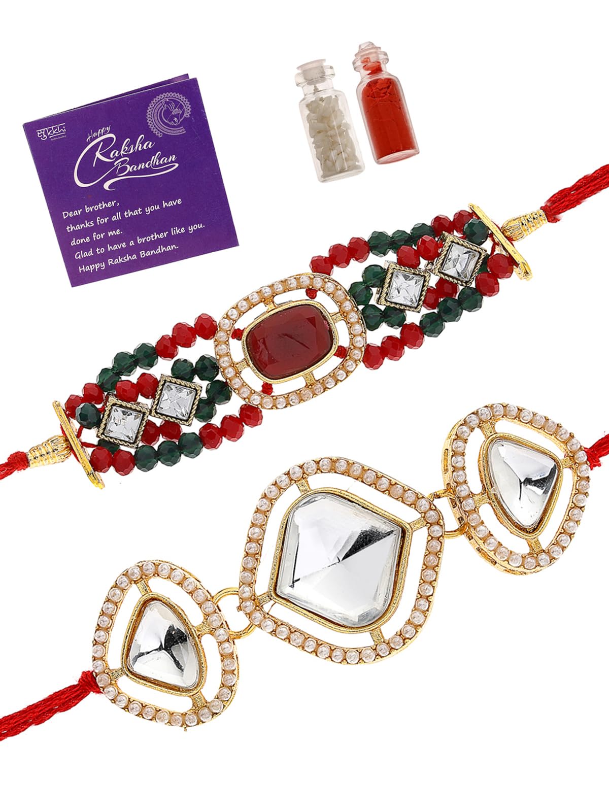 Sukkhi Rakhi Excellent Kundan & Pearls Designer Gold Plated Premium Rakhi for Brother With Roli Chawal & Greeting Card|Rakhi for Brother/Bhaiya/Bhai/Men|Kundan Rakhi|Rakhi Combo-Set of 2|CBRAK106963 (B0D6BY8255) Amazon Price History, Amazon Price Tracker