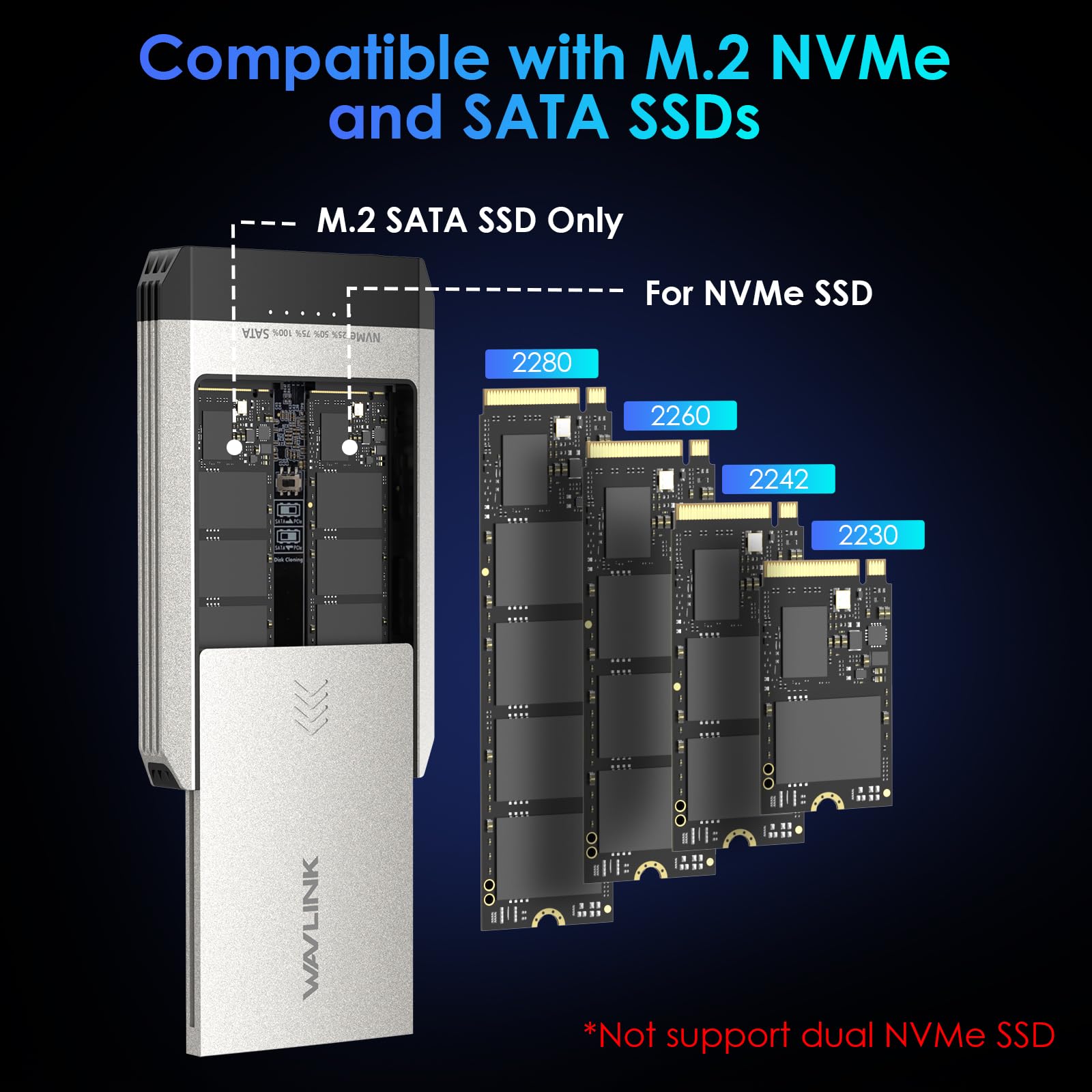 WAVLINK NVMe Cloner, M.2 Cloner Dual-Bay Offline Clone Tool-Free, 10Gbps M.2 Duplicator Supports SATA to NVMe and NVMe to SATA, Dual NVMe Enclosure for SSDs PCIe Sizes 2230/2242/2260/2280, up to 8TB