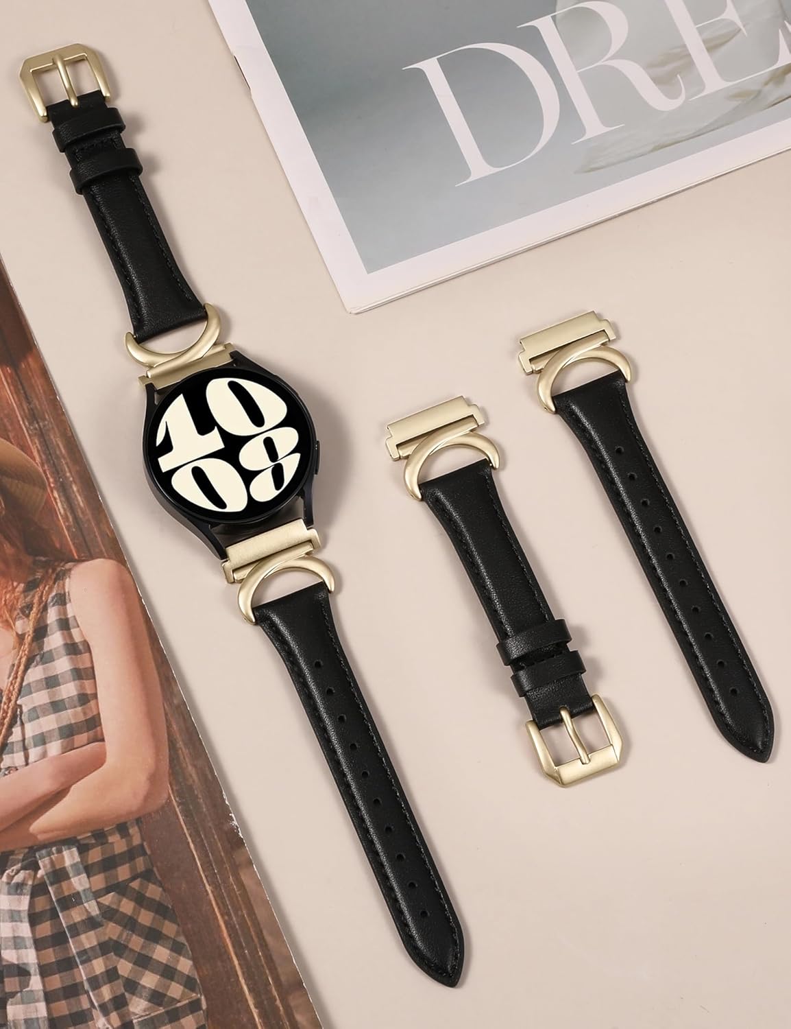 Minyee Leather Band Compatible with Samsung Galaxy Watch 7/6/5/4/FE/Active 2 40mm 44mm/Watch 6 Classic 43mm 47mm/Watch 5 Pro 45mm Bands, 20mm Slim Dressy Leather Strap with C-Shape Metal Buckle Women - Image 4