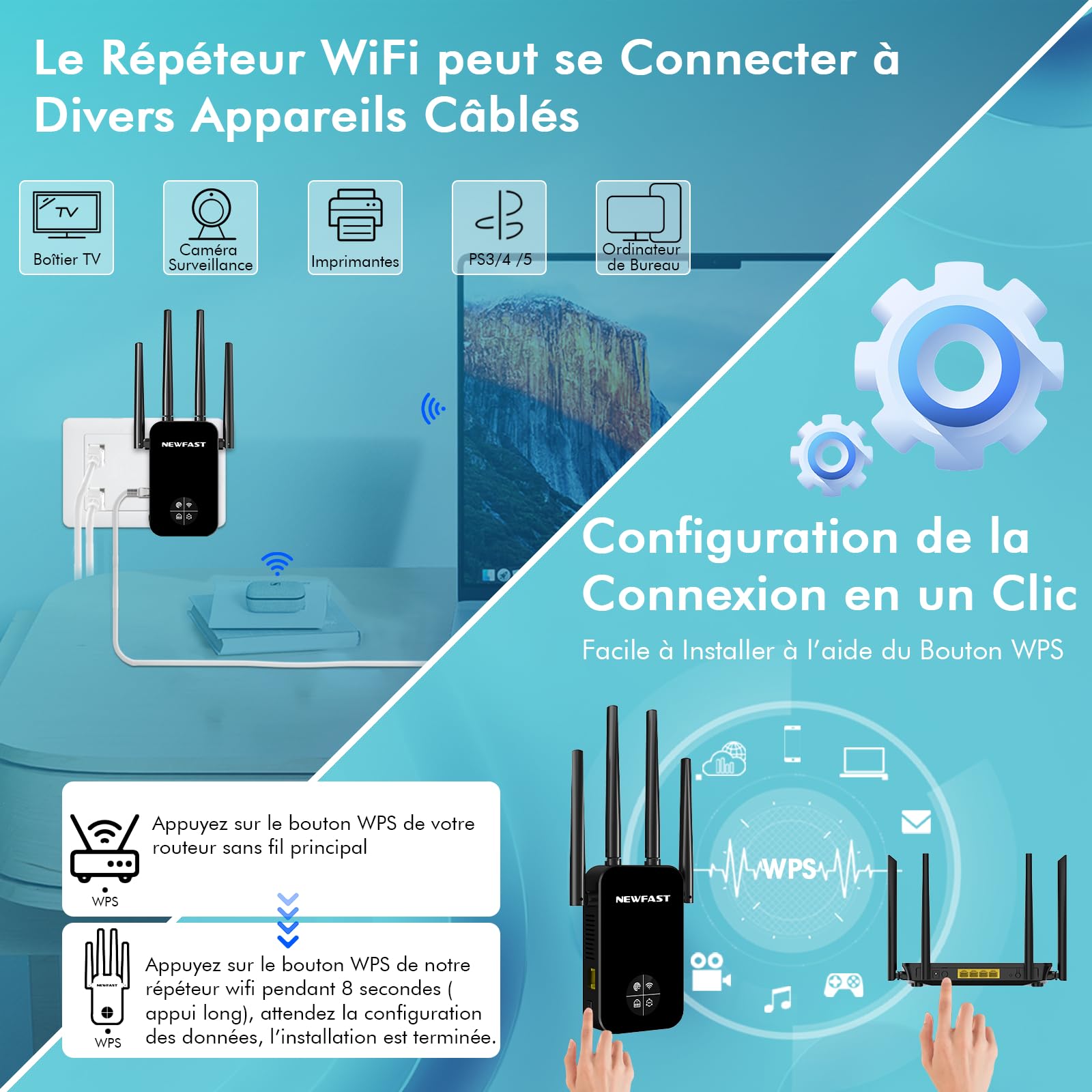 NEWFAST Répéteur WiFi AC1200 Mbps NF-RE523, Double Bande Amplificateur WiFi Puissant Couvre jusqu'à 100 m², Repetiteur WiFi Compatible avec Les Box Internet, Prise UE
