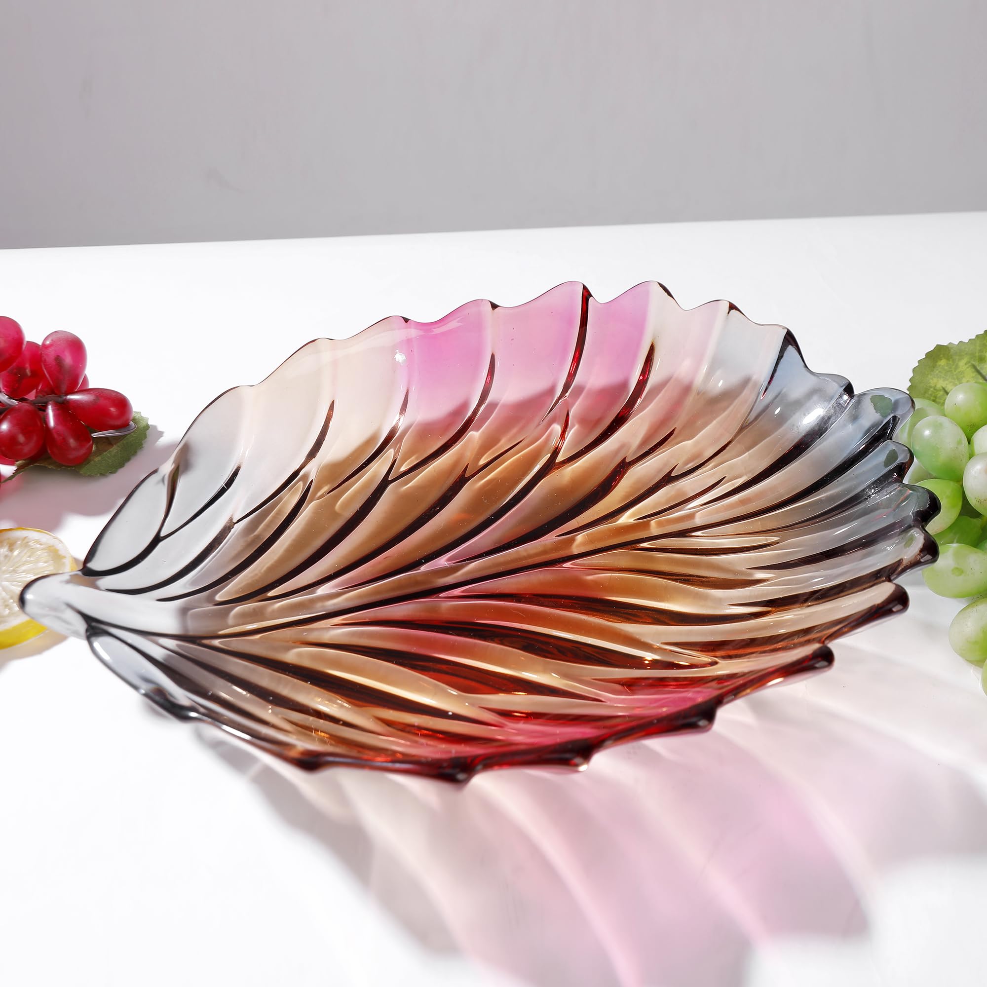 Kreative, bunte handbemalte Kristallglas-Blattform, dekorative Schale, 31 cm Durchmesser, Obst-Display und Küchentisch.