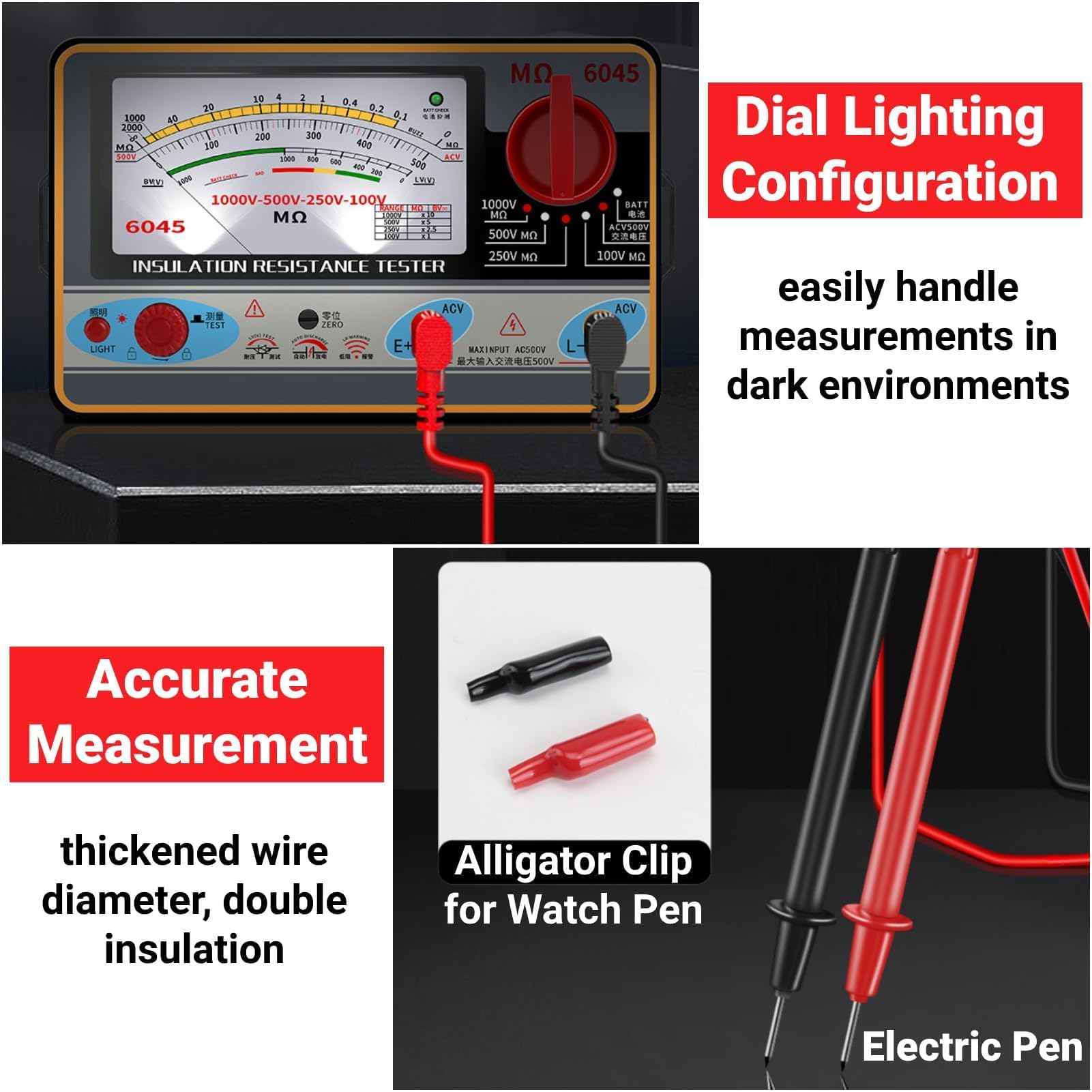 TY6045 Testeur de Résistance D'isolement Mégohmmètre Portable 1000V 5MΩ‑2000MΩ Mesures de Résistance ABS Mètre 10-2000M±10% Longueur D'arc