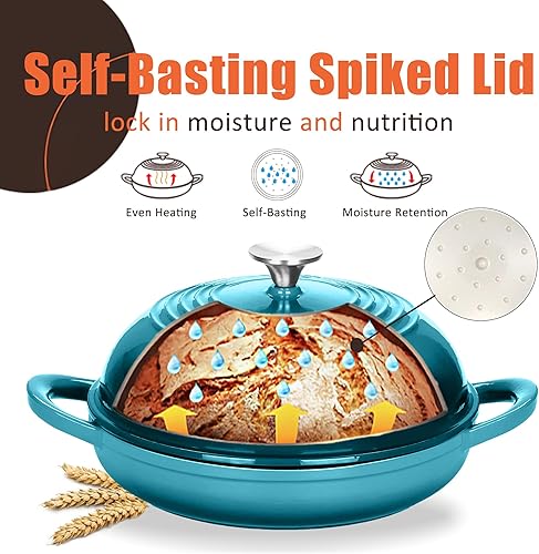 Miniatura 4 de Horno de Pan Redondo de Hierro Fundido Esmaltado, Horno Holandés de Hierro Fundido de 6 Qt para Hornear Pan Casero de Masa Madre, Olla de Cúpula