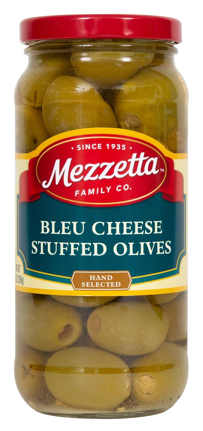 Mezzetta Bleu Cheese Stuffed Olives, Hand-Stuffed Green Olives 9.5 oz - Zesty Cocktail Snack from Wisconsin Cheese