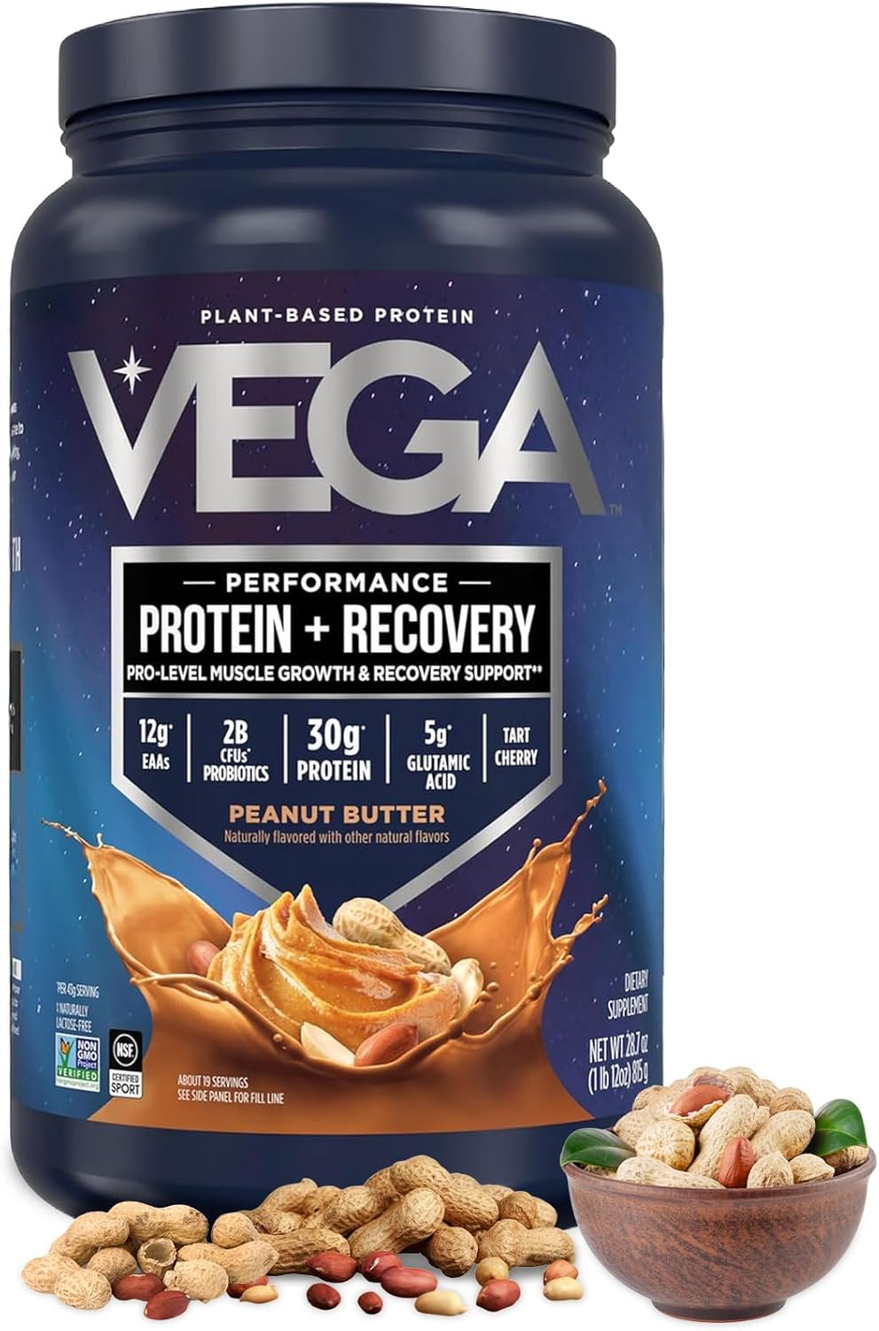 Vega Protein + Recovery, Peanut Butter – 30g Vegan Protein, Dairy & Gluten Free, Probiotics, NSF Certified, 28.8 oz (19 Servings)