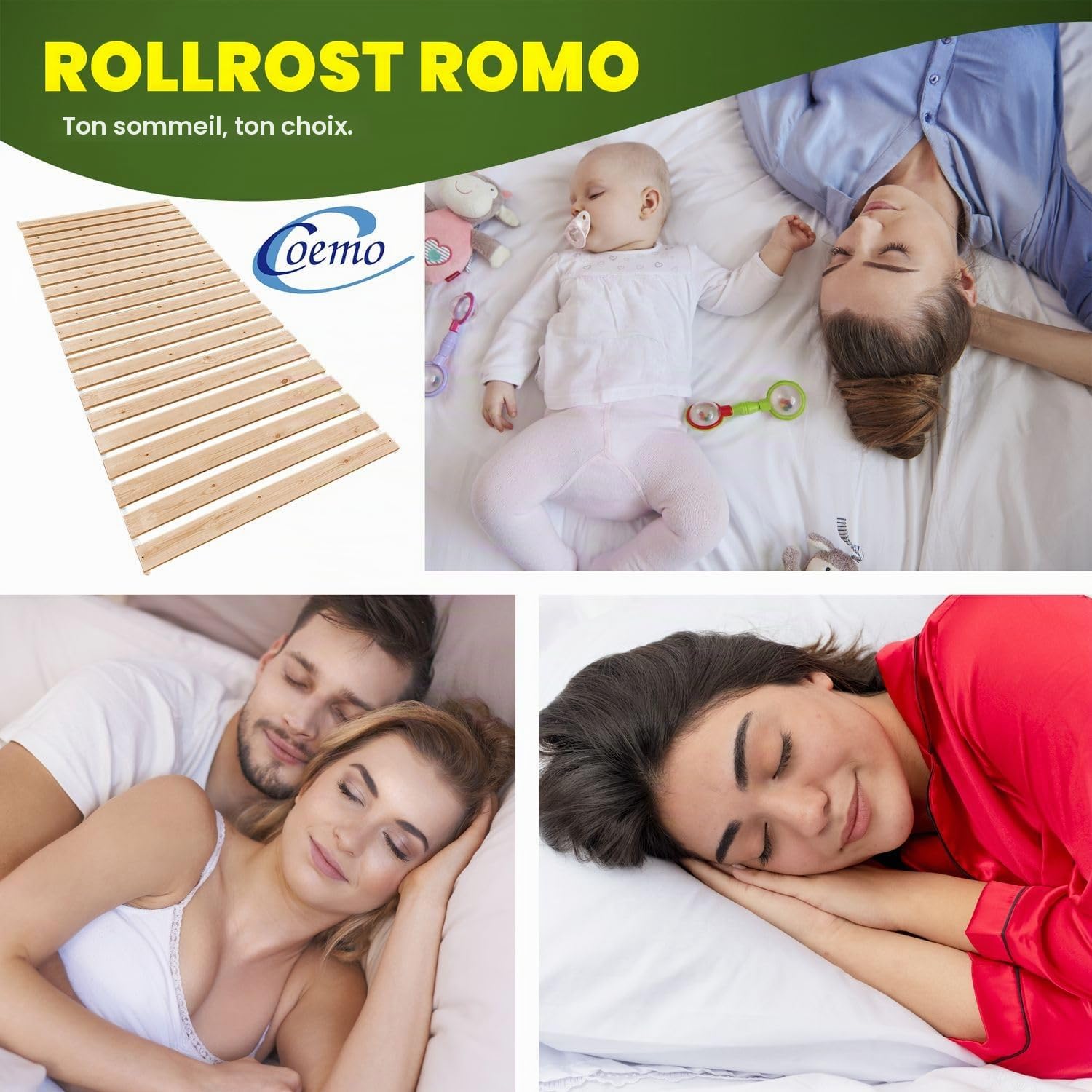 Coemo Sommier déroulable 90 x 200 cm – 21 Lattes – Sommier à Lattes Extra Solide en Bois Massif – Charge maximale : 250 kg – Sommier à Lattes déroulables pour lit Simple ou Double