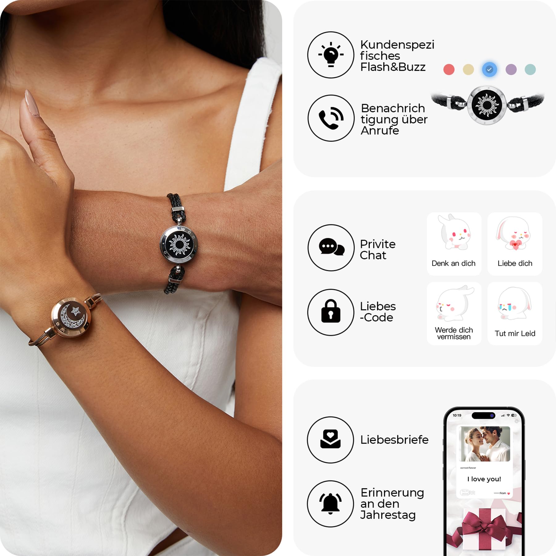 TOTWOO Bracciali per Coppie con Collegamento Bluetooth Uno a Uno tramite App, Luci e Vibrazione al Tocco – Regalo Romantico per San Valentino e Relazioni a Distanza in Acciaio Inossidabile 316L