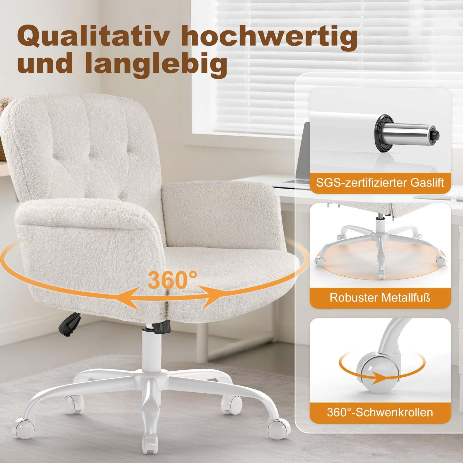 Hausarbeitssessel, bequemer gepolsterter Schminkstuhl mit Rollen und Armlehnen, süßer Verstellbarer Drehstuhl aus Teddy-Velours für Wohnzimmer, Schlafzimmer, Make-up und Salon, Weiß