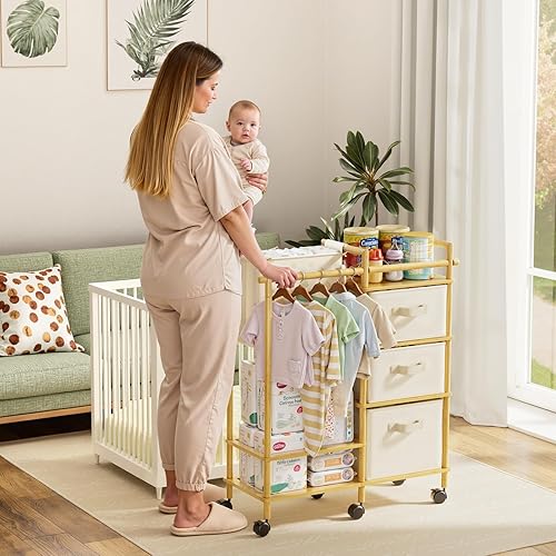 Miniatura 8 de Carrito organizador de pañales de bambú para bebé, carrito rodante de 3 niveles con divisores y cajones extraíbles, carrito de pañales para