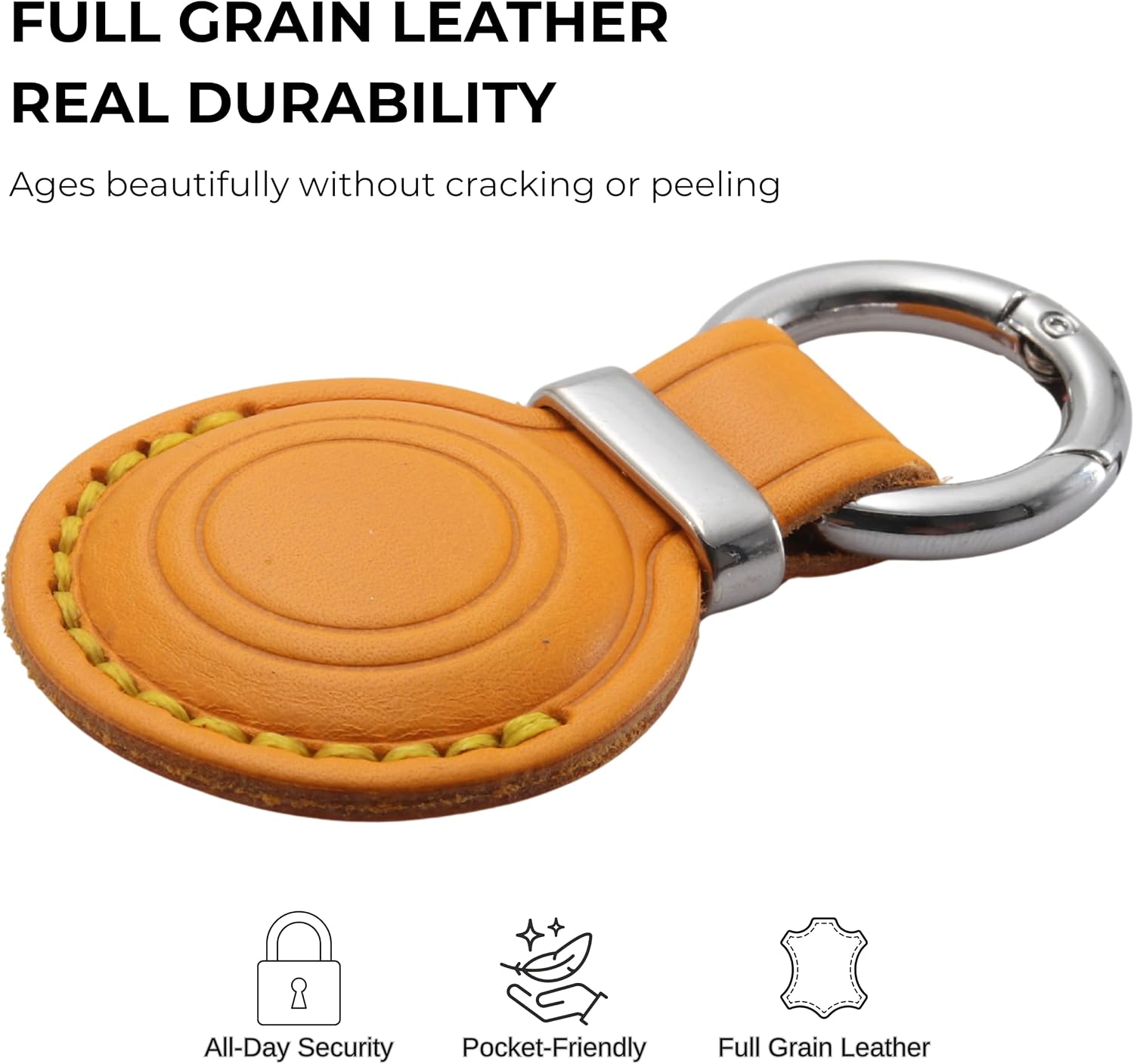 Toprank Leather AirTag Holder Keychain – Full Grain Leather Case Compatible with Apple AirTag, Hidden Secure Design, Slim Protective Cover (Yellow)