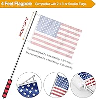 Vista 6 de Mástiles telescópicos de mano de 3.9 ft con clips, poste de bandera telescópico portátil de acero inoxidable de 4 pies – asta de bandera para guía