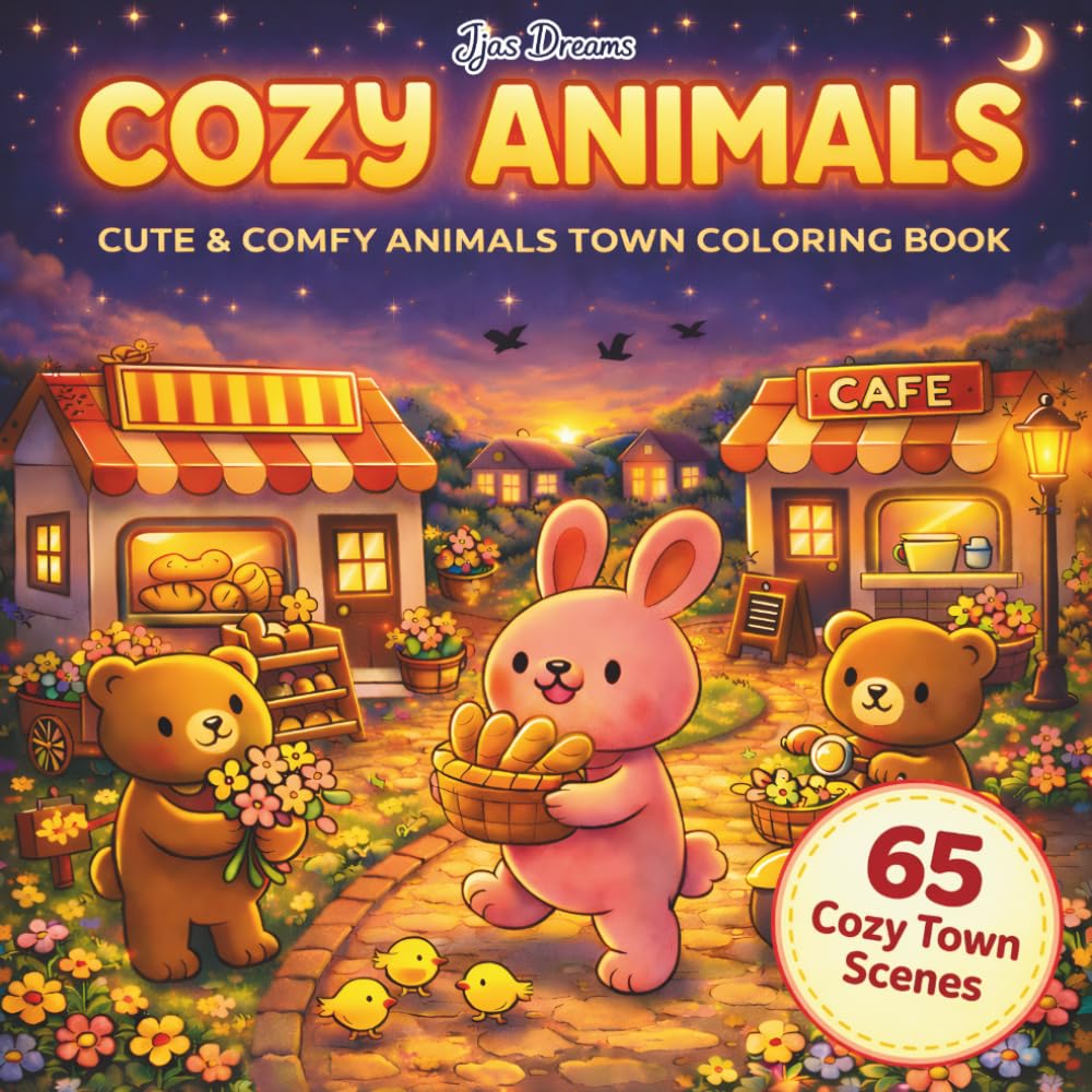 Cozy Animals Coloring Book: Bold and Easy Simple Town Scenes: Cute & Comfy Animal Town Coloring Book with 65 Cozy Village Scenes, Adorable Kawaii ... Relief Coloring Pages for Adults and Teens