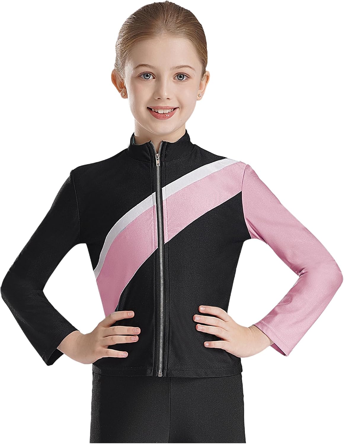 Kaerm Kids Girls Long Sleeve Stand Collar Jacket Zipper Sweatshirt Figure Ice Skating Tops Yoga Running Activewear