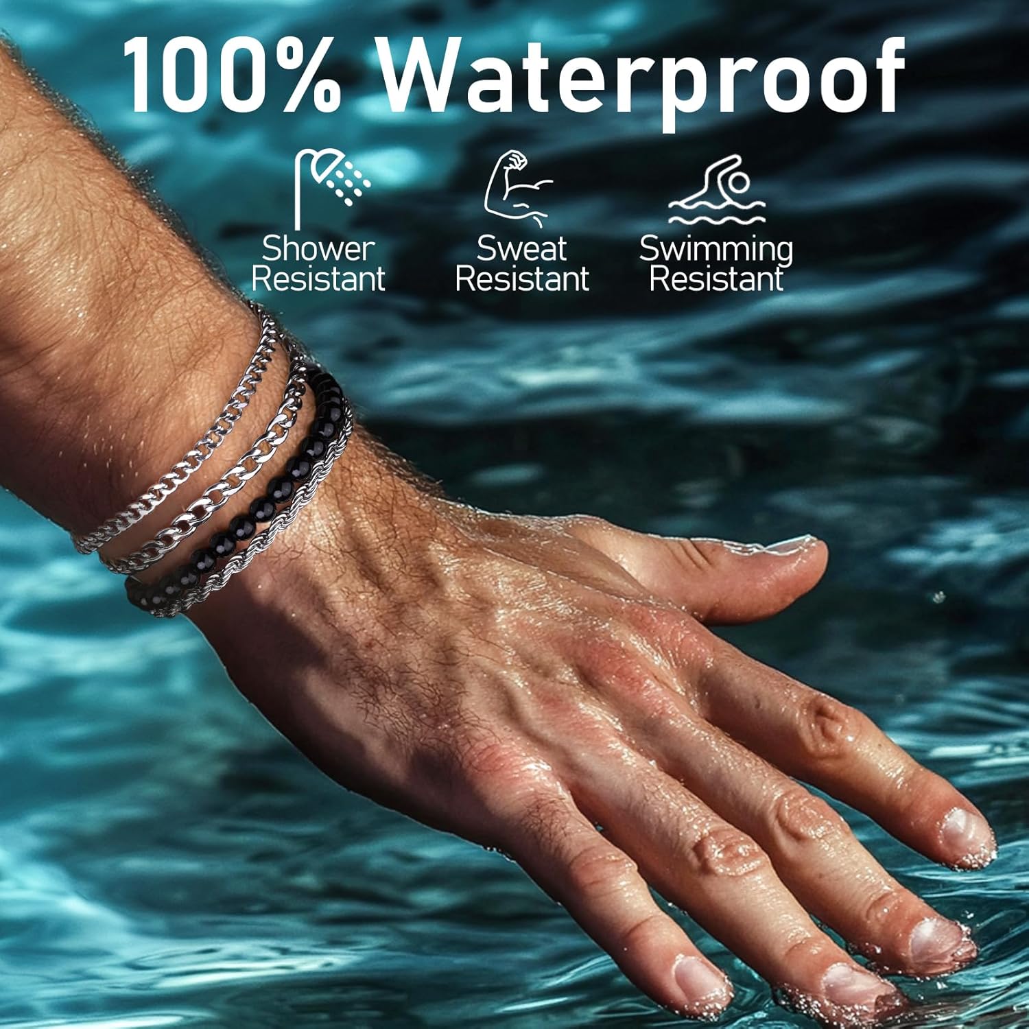 Silver chain Bracelet set for Men - Mens Stainless Steel Link Bracelets 4Pcs - Cuban Link Beaded Rope Box Bracelet Sets - Men's Non Tarnish Stack Brancelets Jewelry Pack - Image 4