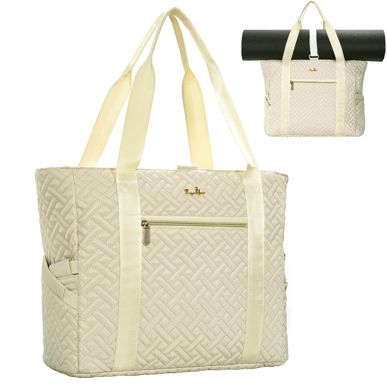 LASUK Tote Bag For Women, Checkered Zipper Laptop Shoulder Bag, Gym Tote Bag with Yoga Mat Bag, for Gym, Work, Travel, Shop