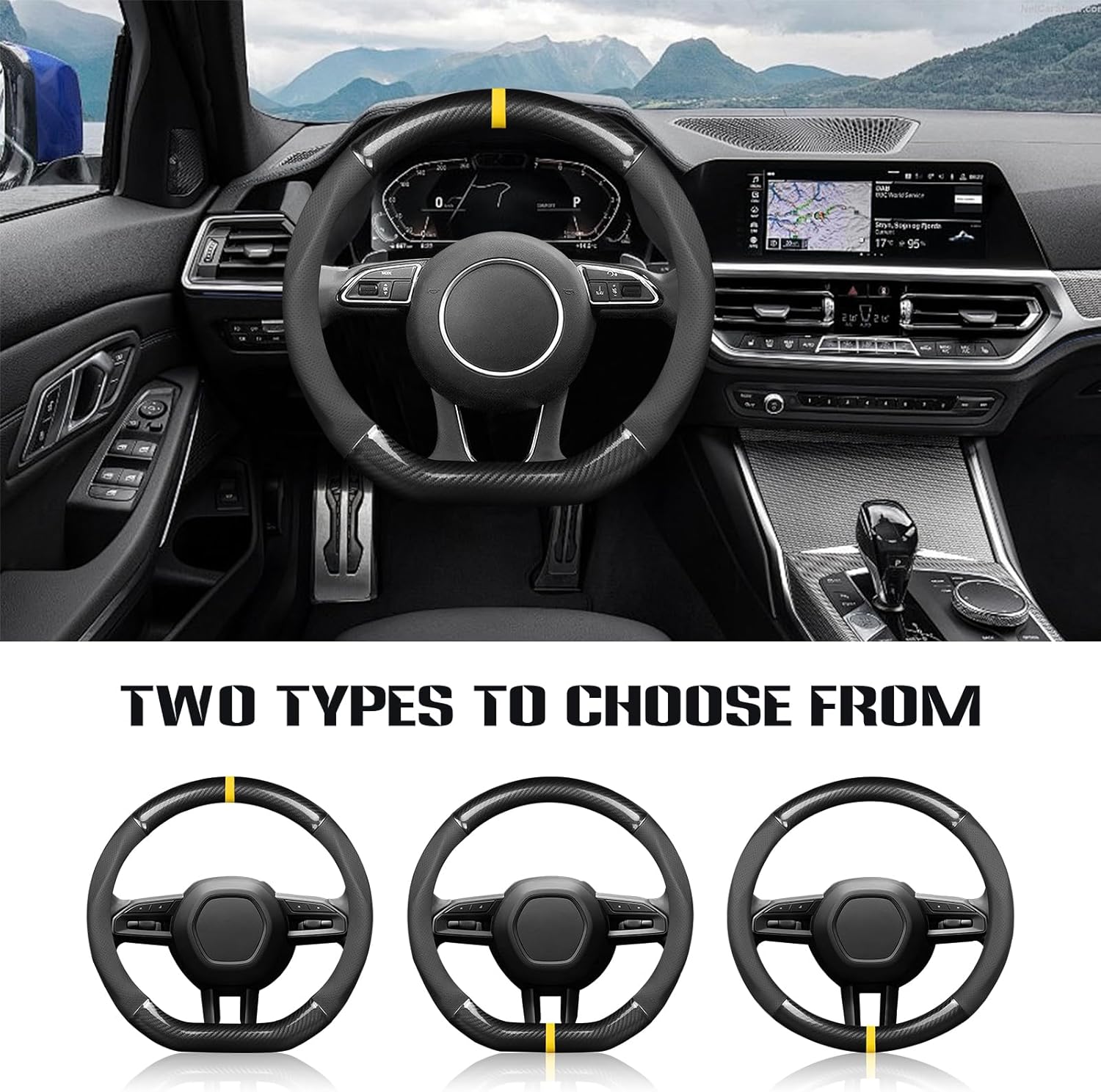 Ergocar Car Steering Wheel Cover Non-Slip Protector Sport D-Shape Carbon Fiber & PU Leather Universal for Diameter 38cm(15")