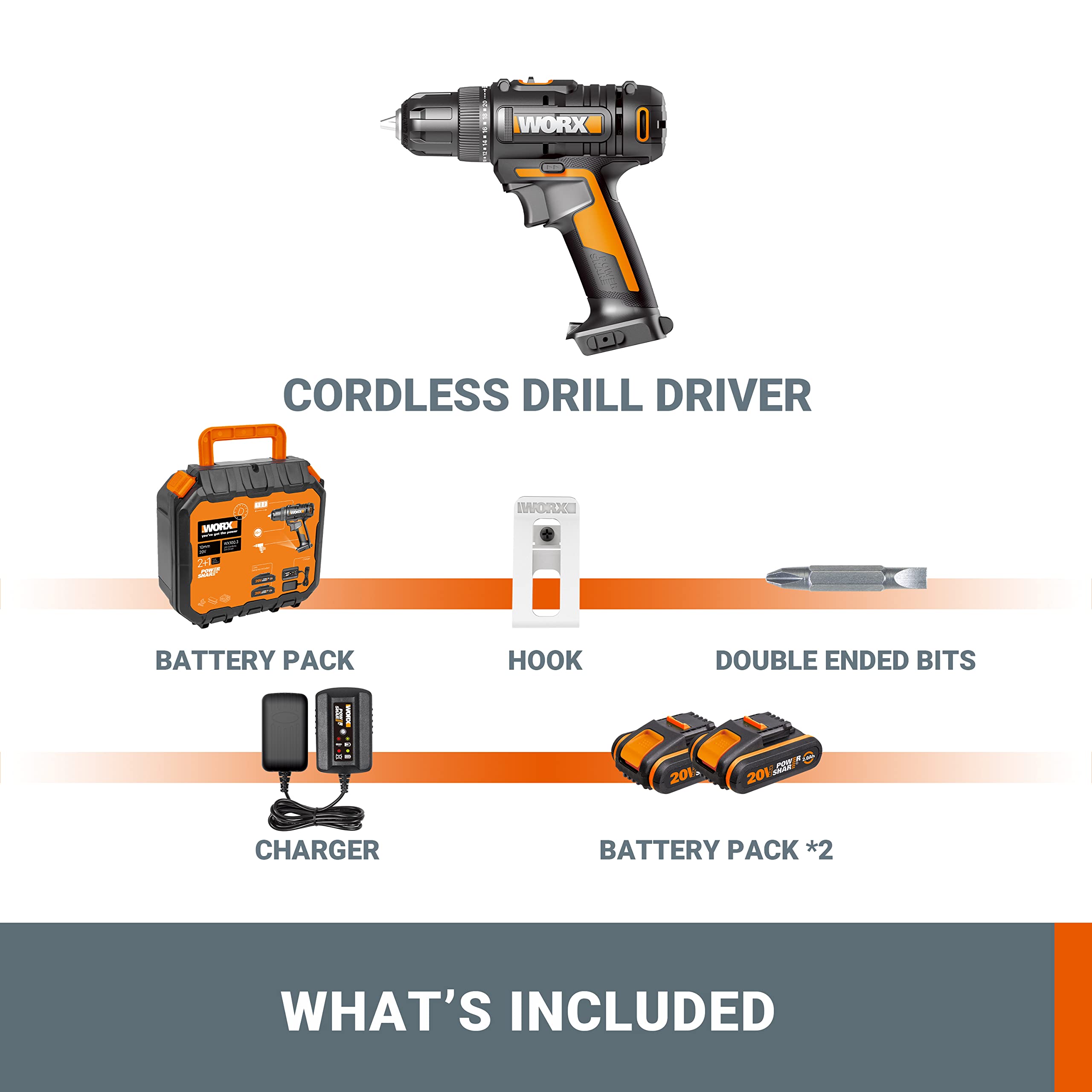 WORX Perceuse Visseuse Sans Fil 18V (20V Max) WX100.3, 30 Nm, 2 Batteries | Mandrin Sans Clé 10mm,Vitesse Variable,Éclairage LED,Perceuse-visseuse pour Bricolage,PowerShare Batteries et Chargeur Inclus
