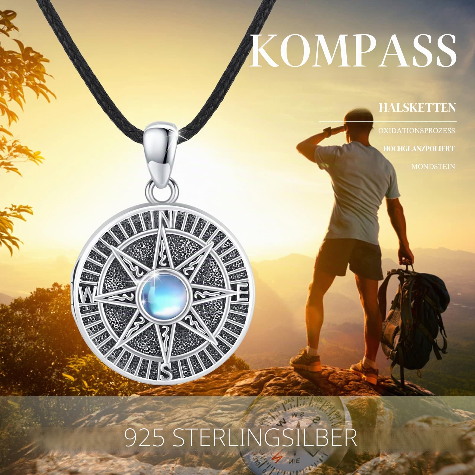 REDSUN Kompass Medaillon Halskette 925 Sterling Silber Mondstein Kette Keltisches Knoten Foto Medaillon Amulett Medallion mit Foto Kompass Schmuck für Herren Sohn Jungen Damen Geschenke