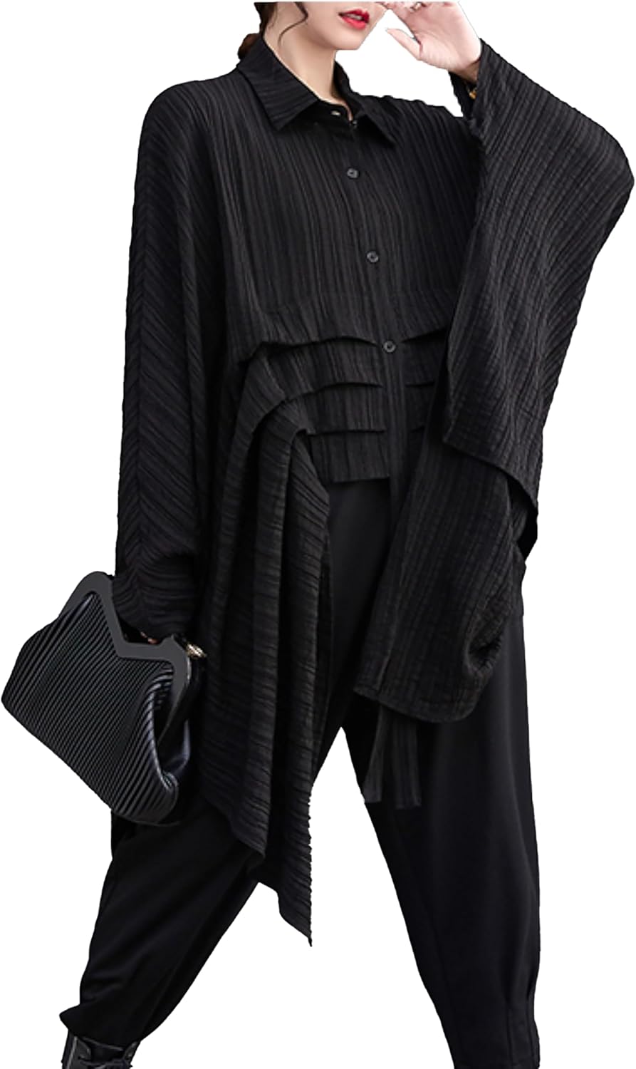 ellazhu Women's Long Batwing Sleeve Funky Inregular Hem High Low Button Down Shirt GZ127