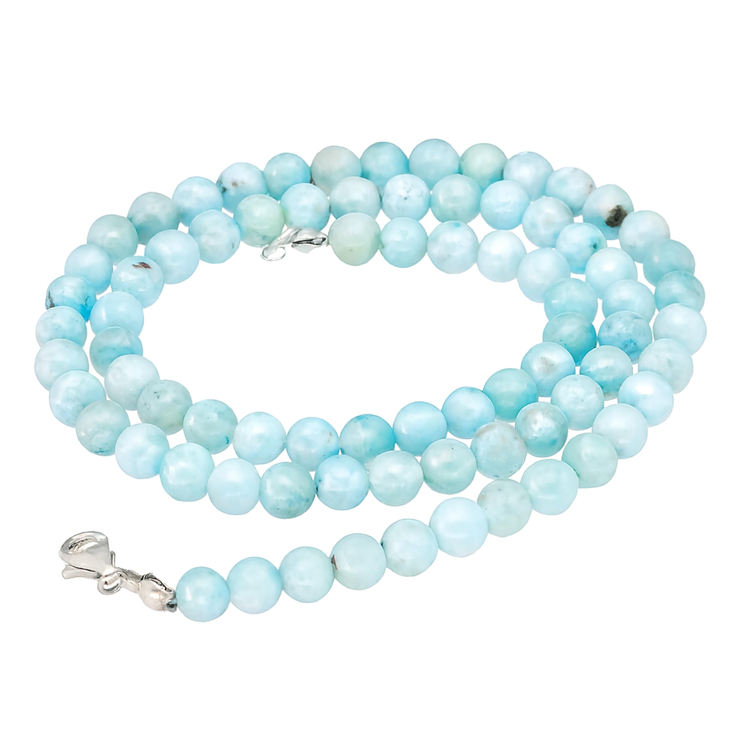 Larimar Kugelkette 6 mm Perlen 45 cm Kette Edelstein Heilstein Silber Damen | Inkl. Edelsteinkarte | 925er Silber-Karabinerverschluss | Ideal als Geschenk