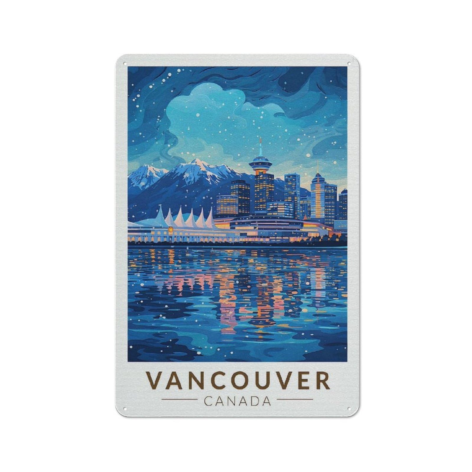 Junmoney Style-22 Retro Metal Wall Sign 30X20cm With Vancouver Skyline At Night For Workshop Wall, For Kitchen, Dining Room And Home Bar Wall Decor